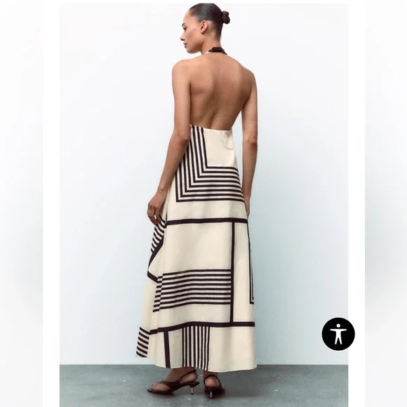 Zara Cream and Black Geometric Halter Midi Dress - Picture 4 of 7